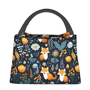 Foxes & Flowers Insulated Lunch Bag Forest Green Floral Animal Nature Lover NEW